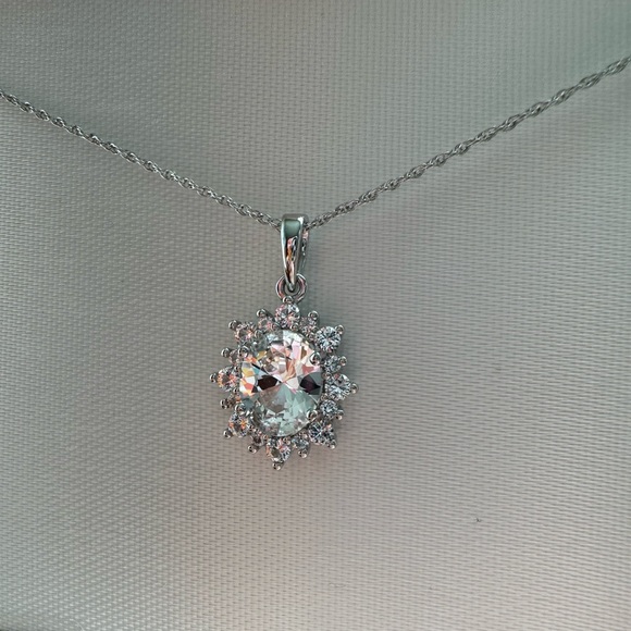 Sterling Silver Lab Created White Sapphire Pendant Necklace 18” - Picture 2 of 8